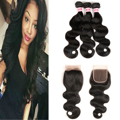 

Sparkle Diva Brazilian Non-remy Body Wave With Closure Free Part Человеческие волосы Weave Natural Color 3 Связки с кружевным закрытием