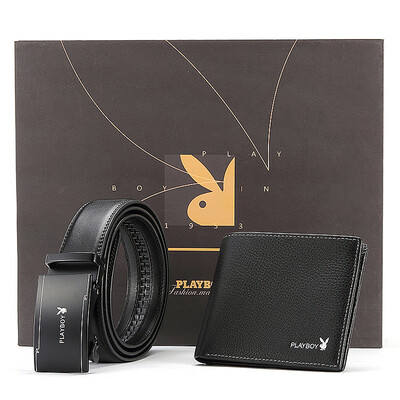 

Playboy PLAYBOY Mens Sheepskin Short Wallet Automatic Buckle Leather Mens Belt Cross-section Wallet Gift Gift Set PJD00028-7B