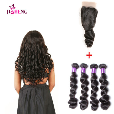 

SQ Hair Natural Wave Hair Extensions 4 Bundles with 4x4 Lace Closure Free Part Peruvian Virgin Human Hair