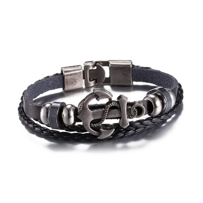 

Vintage Anchor Pendant Bracelet Black Leather Charm wristband Men Bangle Multi Layers Male Hand chain Punk Wrist Wrap Jewelry Part