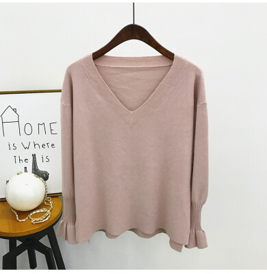 

Autumn and winter trumpet sleeves lazy short before the long solid color sweater loose side open fork sets of sweater women