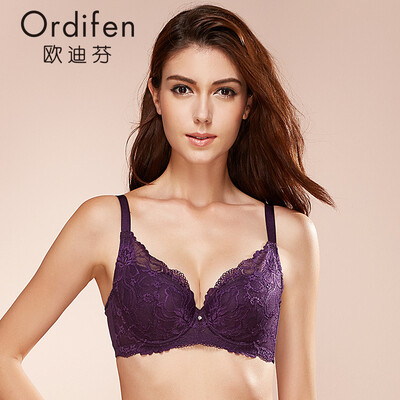 

Ou Difen ladies bra gathered big breast bra sexy embroidery 34 cover thin section underwear XB6362 charm purple 85B