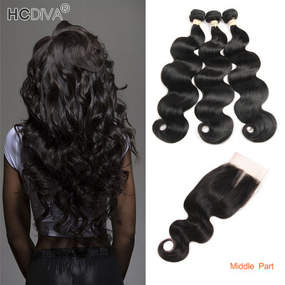 

HCDIVA Body Wave 3 Bundles with Lace Closure Middle Part Brazilian Virgin Human Hair with Closure Natural Black Free Shipping