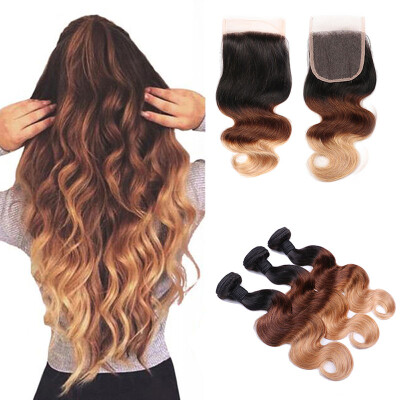 

8A Malaysian ombre Virgin Human Hair Wave 3 Bundles Ombre body Wave With 44 Lace Closure 1b427 Remy Hair Extension