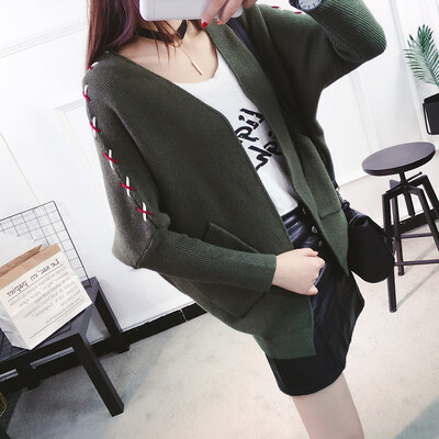

2017 autumn and winter new quality sweater women's bat sleeves solid color tie women's sweater autumn coat