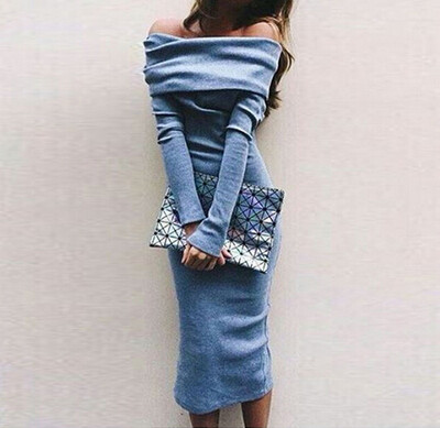 

2017 autumn and winter new blue strapless long sleeves sexy Slim package hip dress