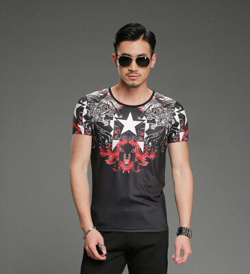 

SHUYI Summer Tide Printing Short Sleeve Shirt Male Slim Round Neck Hot Drill Half Sleeve Mercerizing