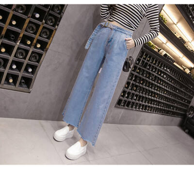 

2017 new female students high waist was thin wide leg pants loose straight nine cents jeans