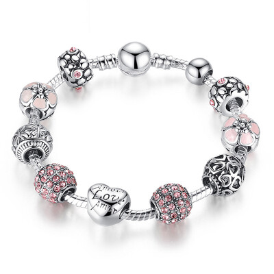 

Baffin Antique Silver Charm Beads Bracelet & Bangle with Love&Flower Crystal Ball Women Wedding Valentines Day Gift