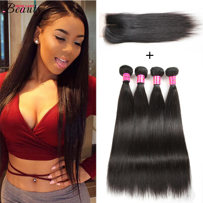 

Brazilian Straight Hair 4 Bundles With a Middle Part Lace Closure 100% Unprocessed Human Hair Bundles Natural Color