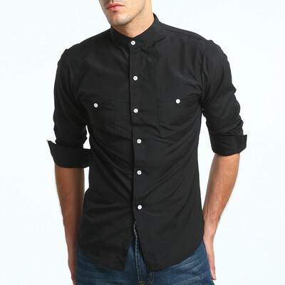 

Fashion Male Shirt Long-Sleeves Tops British Stand Collar Young Solid Color Shirt Mens Dress Shirts Slim Men Shirt