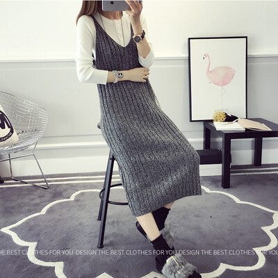 

sustory Women's 2017 autumn and winter Korean version of the temperament of pure color V-neck loose sets of long sweater sweater in the long section SRSU067 dark gray all