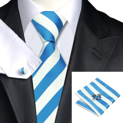 

N-0415 Vogue Men Silk Tie Set Blue Stripe Necktie Handkerchief Cufflinks Set Ties For Men Formal Wedding Business wholesale