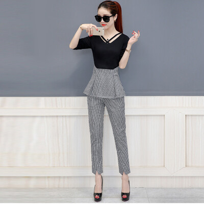 

Markentsee 2017 new women's fall suit fashion temperament soft girl small incense wind foreign chiffon shirt pants pants two-piece zx17081413 black and white grid L