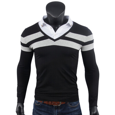 

SHUYI Autumn New Fashion Long Sleeves T Shirt Fake Two Pieces of Self-Cultivation Shirt Collar Color Mens POLO Shirt