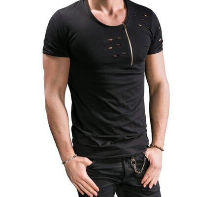 

Male 2017 Brand Short Sleeve Zipper Solid Color T Shirt O- Neck Slim Men T-Shirt Tops Fashion Mens Tee Shirt T Shirts 3XL FGH