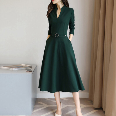 

Markentsee 2017 new women&39s long-sleeved long-sleeved long pendulum V-neck pure color dress Slim personality simple yzSERQ1762 brick red XXL