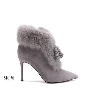 

Jiabaisi shoes womens Tassels pointed toe warm Real fur Calf heel boots Quality suede Shank lady stilettos classics zipper boots