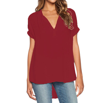 

2017 fashion new women's V-neck short sleeve loose chiffon shirt shirt