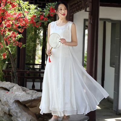 

Three - layer chiffon embroidery Chinese - style sleeveless vest embroidery round neck collar long skirt dress L5107