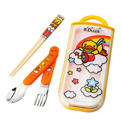 

BDUCK small yellow duck children cutlery set baby chopsticks spoon fork portable stainless steel spoon fork set 6203TM