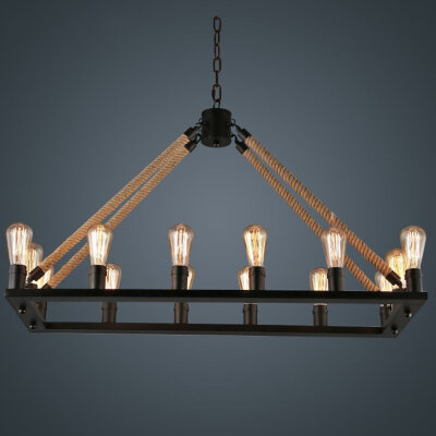 

BOKT 16-Lights Hemp Rope Chandelier Metal Vintage Rustic Country Style Pendant Lamp Rectangle Island Lights