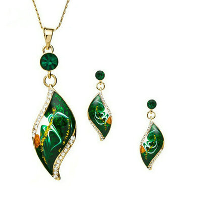 

Yoursfs® 18K Yellow Gold Plated Green Chinoiserie Painting Necklace&Earring Use Austrian Crystal Bridal Jewelry Set