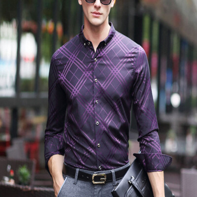 

2017 autumn new shirt men's lattice fight color long-sleeved middle-aged men shirt light luxury business casual men's clothing