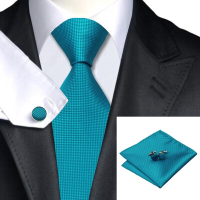 

N-0221 Vogue Men Silk Tie Set Turquoise Solid Necktie Handkerchief Cufflinks Set Ties For Men Formal Wedding Business wholesal