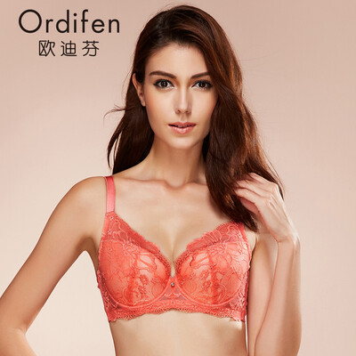 

Ou Difen ladies bra gathered big breast bra sexy embroidery 34 cover thin section underwear XB6362 coral orange 80B