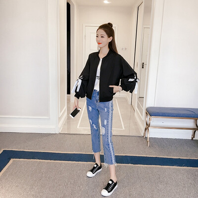 

Fort Sheng 2017 new women fall short jacket Korean solid color straps Slim students fresh fresh baseball clothing tide zx1782510 black L