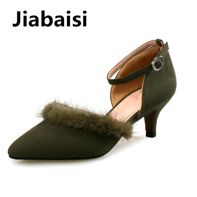 

Jiabaisi shoes Women pumps Fur Pointed Toe New Spring High Heels Multifunction strap Stiletto Dress Party Womens Shoes