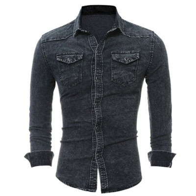 

Men Shirt Brand Male Long Sleeve Shirts Casual Solid Color Denim Slim Fit Dress Shirts Mens 3XL 3011