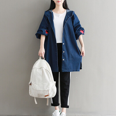 

City plus CITYPLUS 2017 autumn&winter new art women loose embroidery wild long-sleeved cowboy jacket casual windbreaker CWWT179664 dark blue large yards