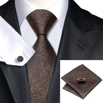 

N-0548 Vogue Men Silk Tie Set Brown Novelty Necktie Handkerchief Cufflinks Set Ties For Men Formal Wedding Business wholesale