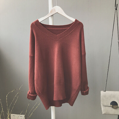 

2017 autumn and winter new college wind pure color profile loose V collar collar sweater sweater