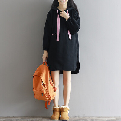 

City plus CITYPLUS 2017 autumn&winter new women&39s art wild hit the color hooded sweater in the long paragraph loose casual plus cashmere dress CWQZ179369 black L