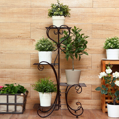 

Ou Runzhe pot rack European 4 layer flower frame wrought iron balcony living room flowerpot shelf rack tray brown