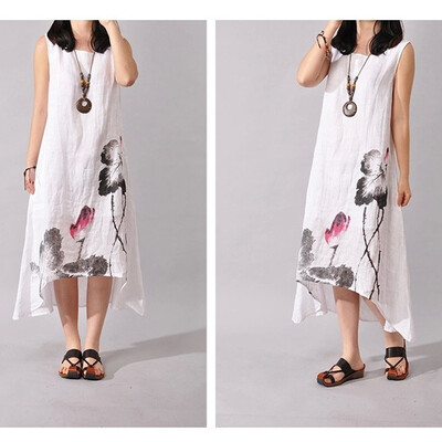 

New fashion summer style cotton linen vintage printed women casual loose long dress Party Gown