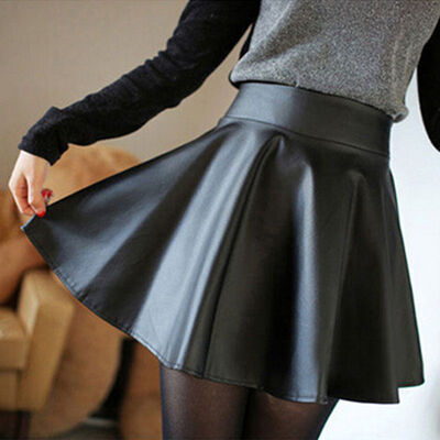 

Leather Vintage Women Stretch High Waist Skater Flared Pleated Mini Skirt Dress