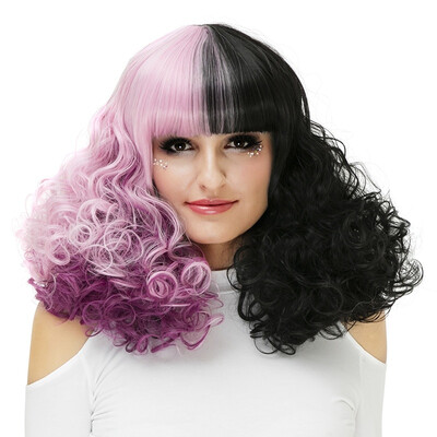 

JUNSI Ultra Sexy Scene Wig Black Mixed Light Pink Purple Mixed Rainbow Emo Hair Long Straight Cosplay Wig