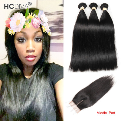 

HCDIVA Brazilian Virgin Hair Straight 3 Bundles with Closure Middle Part Straight Human Hair Bundle with Closure