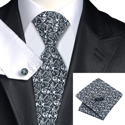 

N-0975 Vogue Men Silk Tie Set Black Novelty Necktie Handkerchief Cufflinks Set Ties For Men Formal Wedding Business wholesale