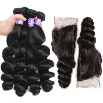 

Cheap 7A Peruvian Human Hair Weave 3Bundles With Lace Closure Free Part Peruvian Loose Wave Human Hair With Closure