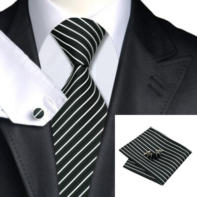 

N-0394 Vogue Men Silk Tie Set Black Stripe Necktie Handkerchief Cufflinks Set Ties For Men Formal Wedding Business wholesale