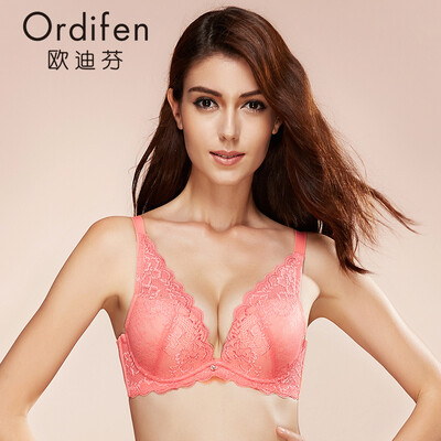 

Ou Difen sexy lace comfortable triangle cup deep V gathered water bag small bra bra underwear XB6147 Twilight Orange A80