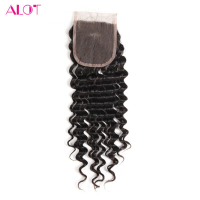 

ALot Hair Free Part Бразильская глубокая волна Закрытие Естественные черные человеческие волосы Швейцарский кружевной зажим с волосами для волос 4x4Inch Virgin Hair