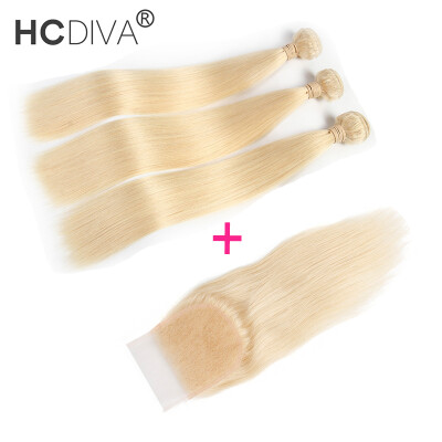 

HCDIVA 613 Blonde Virgin Hair 3 Bundles With Closure 4*4 Lace Size,Blonde Bundles Brazilian Hair Extensions Straight Hair Bundle