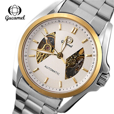 

GUCAME Gold Mechanical Mens Wrist Watch Leather Band Luxury Automatic Clock Men Stainless Steel Skeleton Watches
