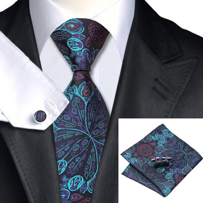 

N-0612 Vogue Men Silk Tie Set Black Floral Necktie Handkerchief Cufflinks Set Ties For Men Formal Wedding Business wholesale